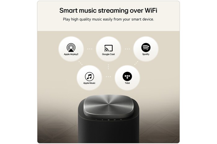 LG Stereo 7 wireless speaker with Wi-Fi connectivity, enabling high-quality music streaming from Apple AirPlay 2, Google Cast, Spotify, Apple Music and TIDAL